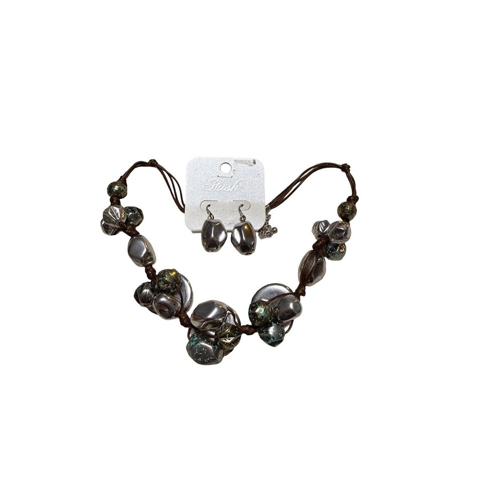 Hush Silver Tone Beaded Necklace & Hook Earring Set Brown Cord 16 Inch